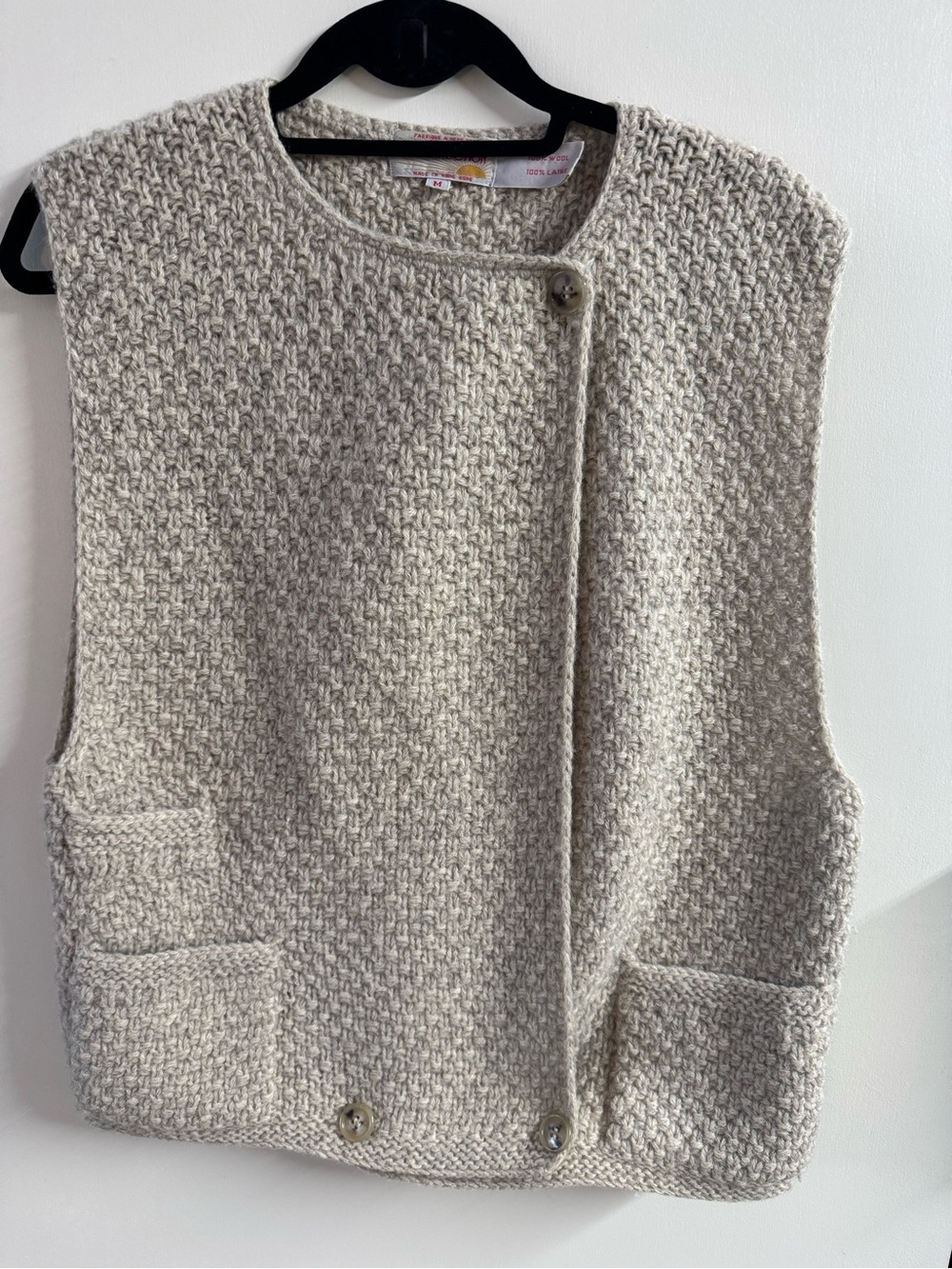 Vintage French Connection Wool Cream Textured Knit Vest with Pocket Details